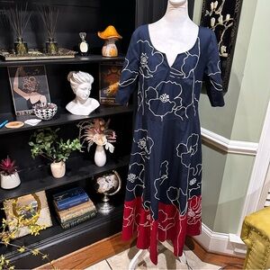 eShakti Navy & Red Floral Midi Dress – Size 16W